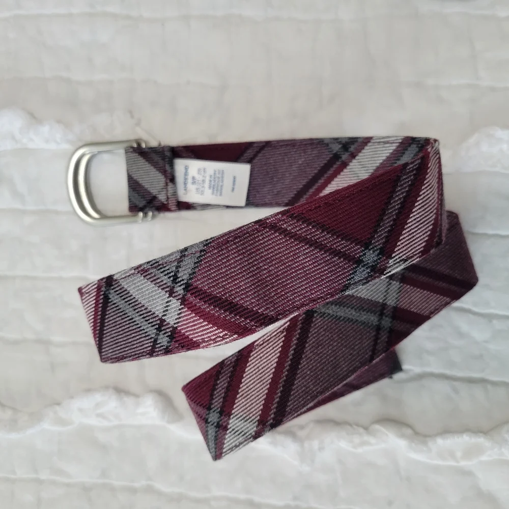 Lands' End Plaid Uniform Belt Burgundy & Gray Silver D Ring Buckle Small EUC